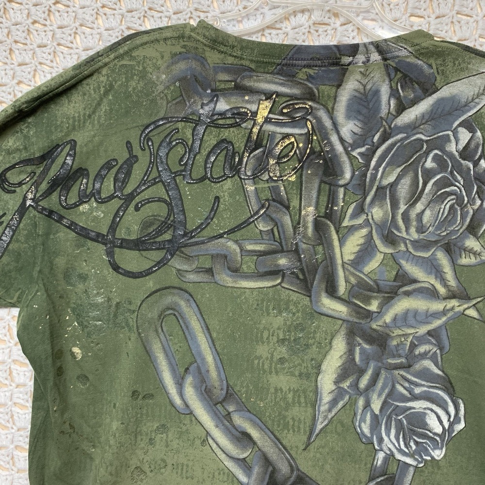 Raw State Affliction T-Shirt Olive Green Men 2XL Skull Crown‎ Flowers 100%Cotton - Picture 5 of 8